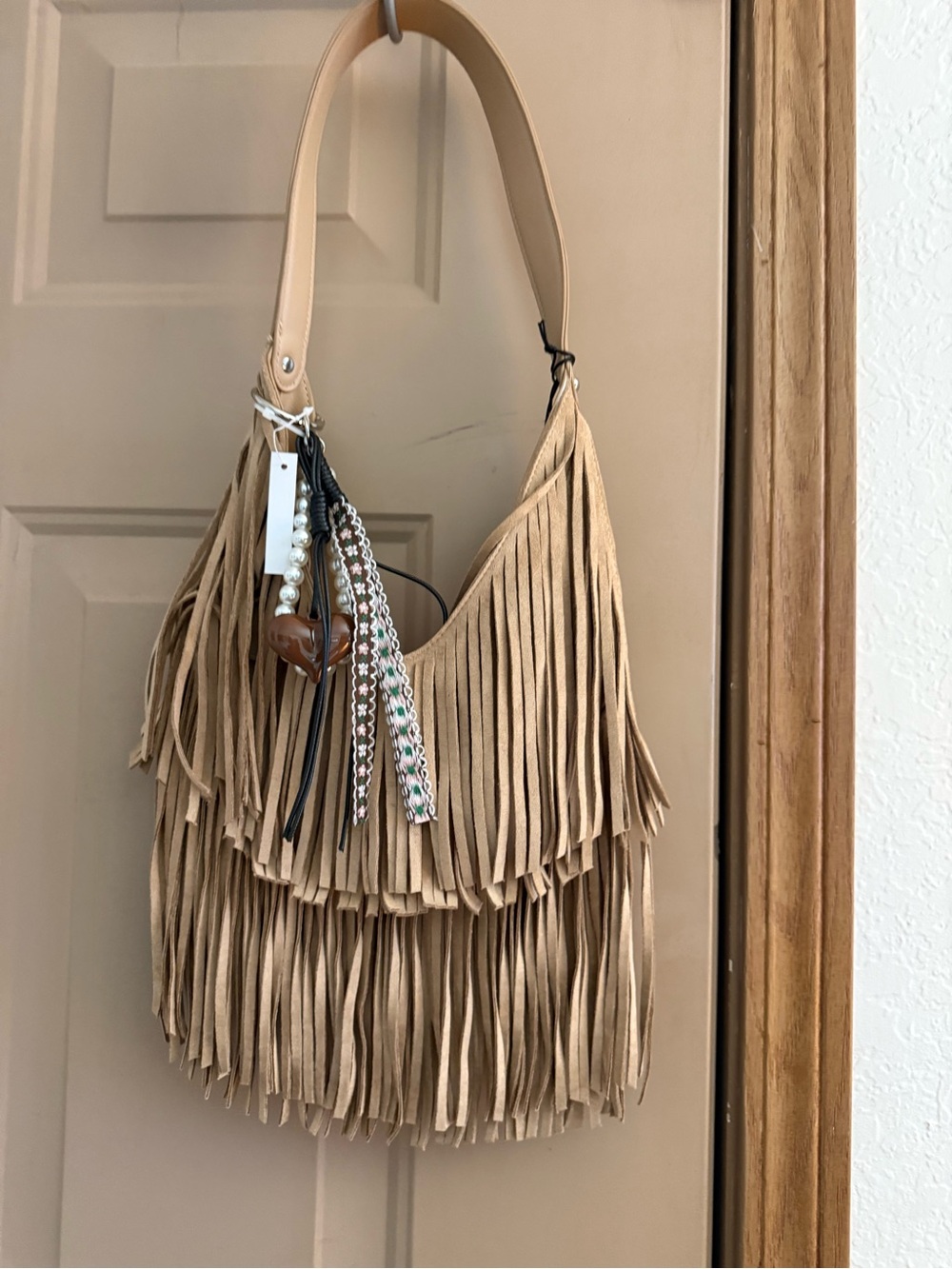 Tan Fringed Suede Shoulder Bag with Decorative Tassels